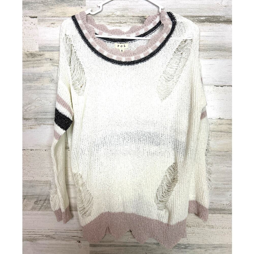 POL Womens Lightweight Boho Distressed White Stripe Long-Sleeve Sweater NEW